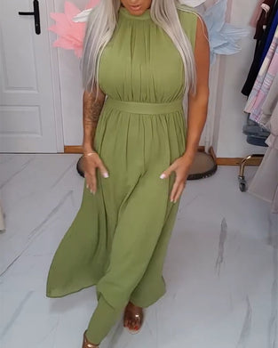 Kjole Ensfarget Ermeløs Midjestramming Maxi