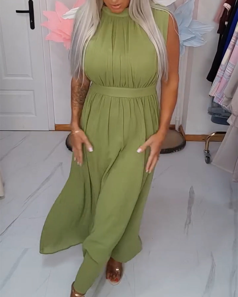 Kjole Ensfarget Ermeløs Midjestramming Maxi