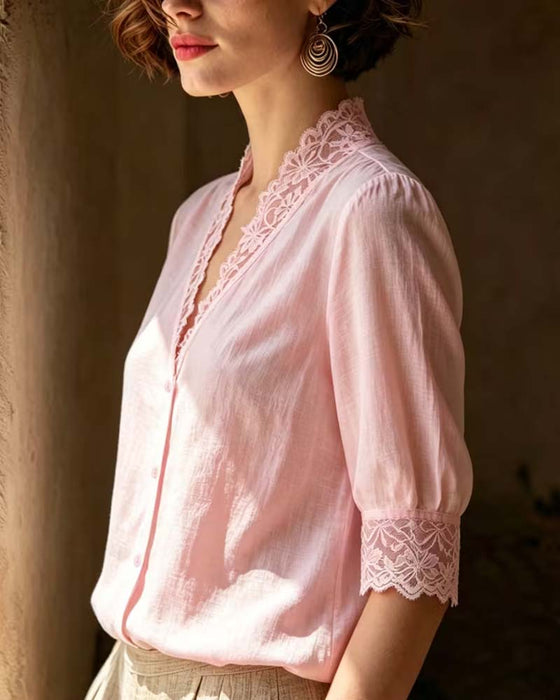 Bluse V-Hals Blonder Patchwork Solid Tre Kvarter Erme