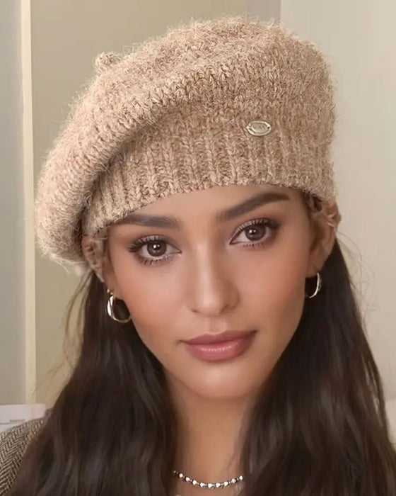 Dame Ensfarget Strikket Beret Lue