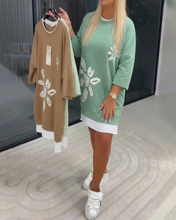 Sweatshirtkjole Rund Hals Trykt Lappeteknikk