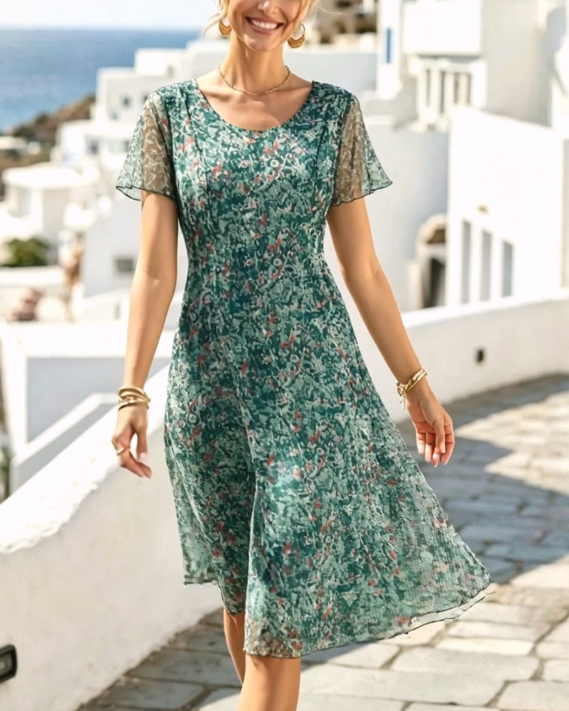 Kjole Blomstret Kort Erme A-Linje