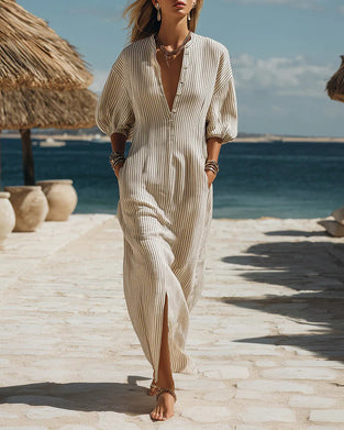 Kjole Puff Erme Knapp-Ned Stripet