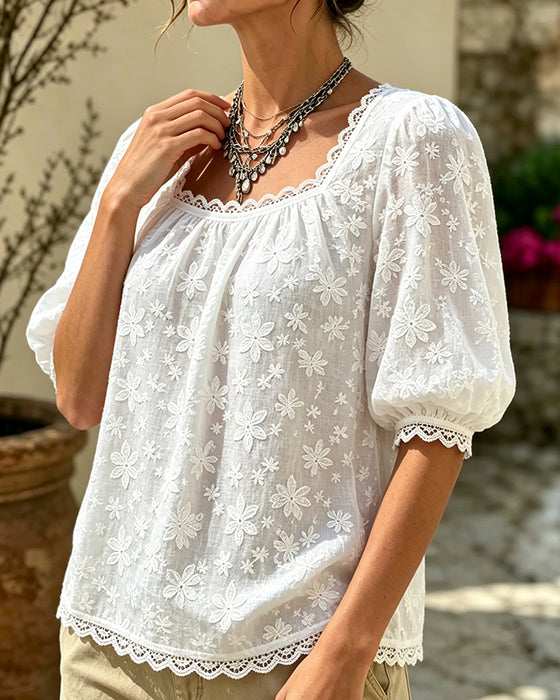 Bluse Med Firkantet Hals Puffermet Jacquard