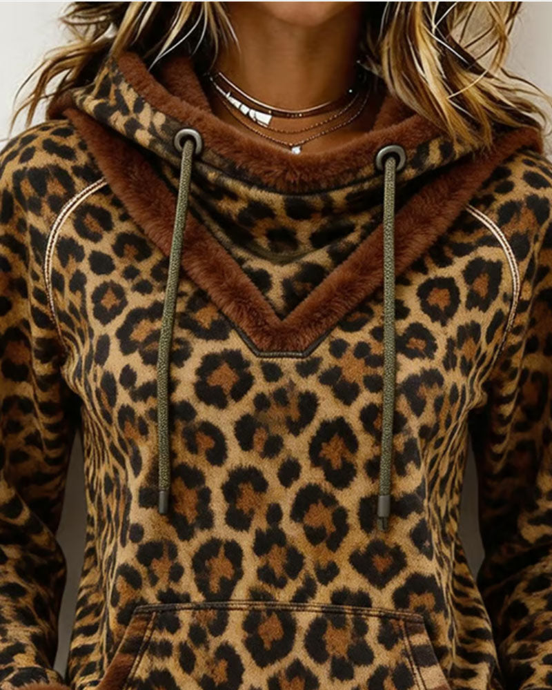 Sweatshirt Leopard Trykk Med Hette Snøring