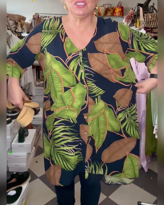 Løs Kjole Med Bladtrykk Og V-Hals