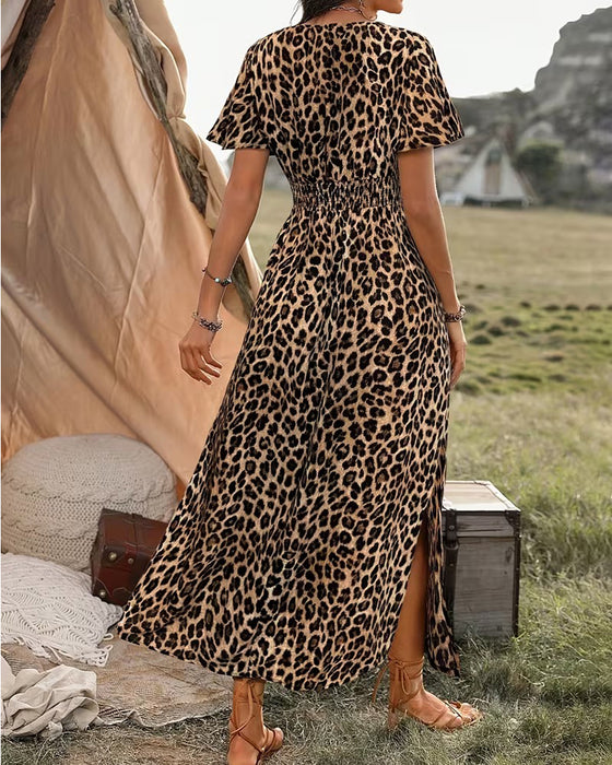 Kjole Leopard V-Hals Elastisk Midje A-Linje