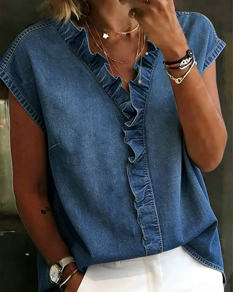 Bluse V-Hals Rynket Kant