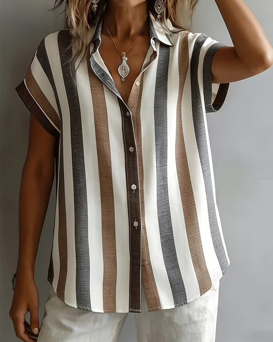 Skjorte Vertikal Stripe Kort Erme
