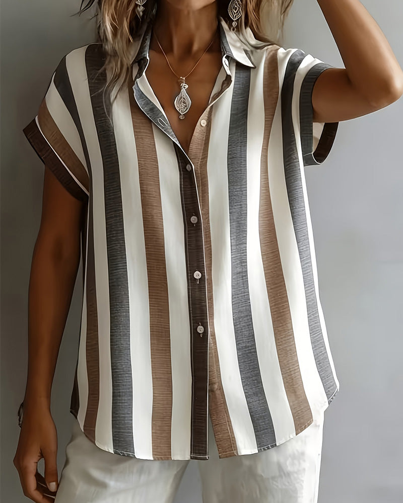 Skjorte Vertikal Stripe Kort Erme