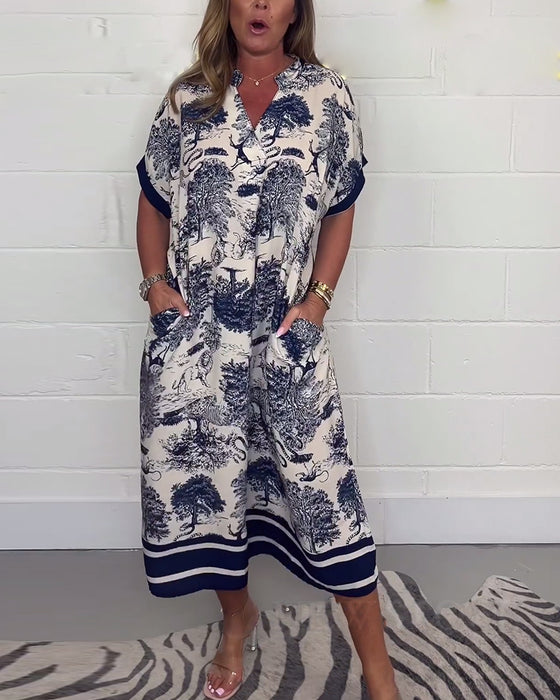 V-hals lommekjole med dyreprint