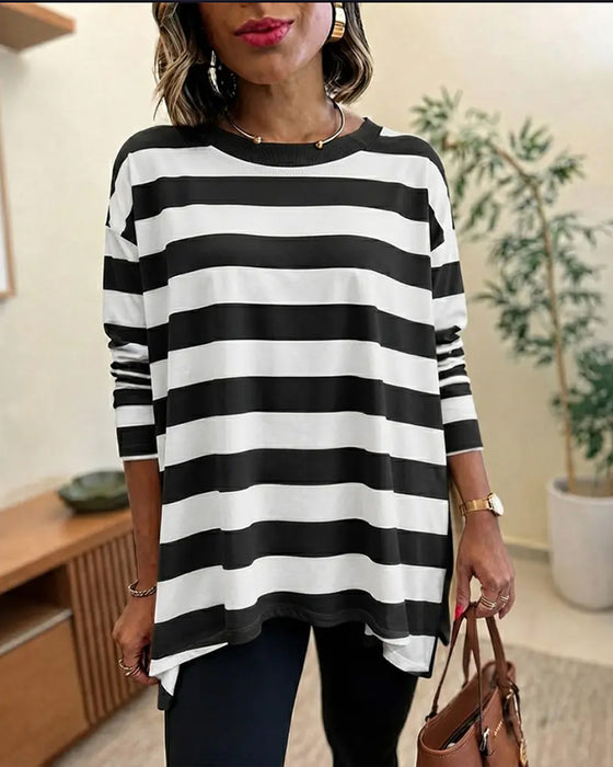 Topp Bred Stripet Rund Hals Lang Erme