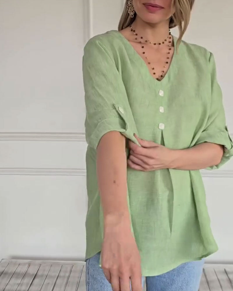 Topp Ensfarget V-Hals Løs Casual