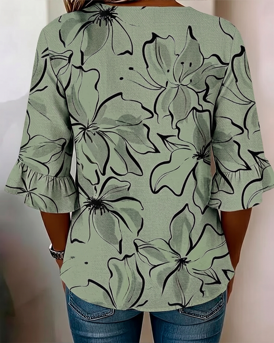 Bluse V-Utringning Blomstret Rysje 3/4-Erm