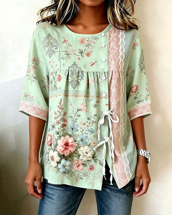 Bluse Retro Blomstermønster Avslappet