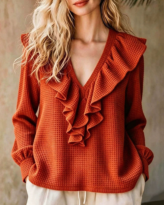 Bluse Vaffelstrikk V-Hals Ruffle