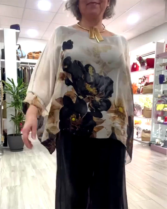Bluse Langermet Uregelmessig Store Blomstertrykk