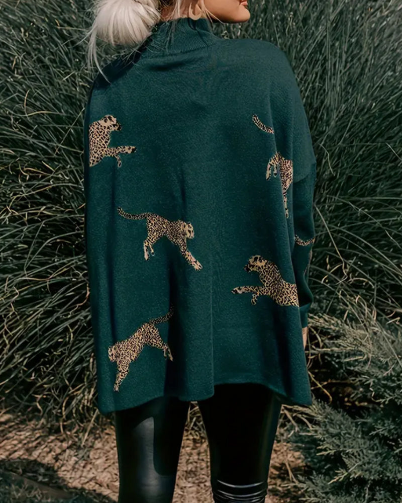Genser Høy Hals Løs Leopardmønstret