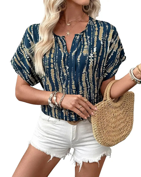 Bluse Tie-Dye Vertikal Stripe Mønster Kortsermet