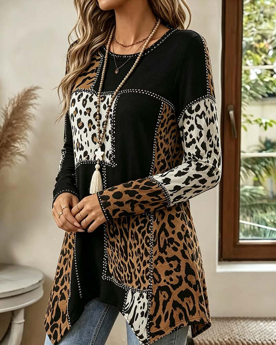 Bluse Leopard Trykk Patchwork Uregelmessig