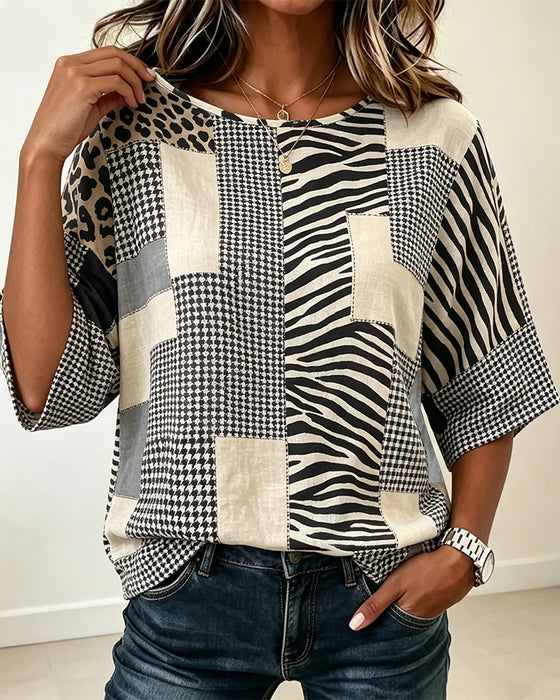 Bluse Rundhalset Lappeteppe Rutet Leopard