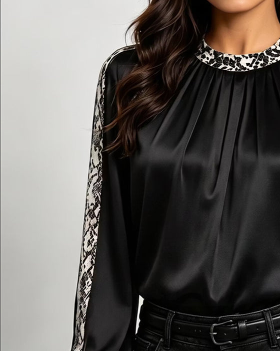 Bluse Rund Hals Slange Mønster Rynket