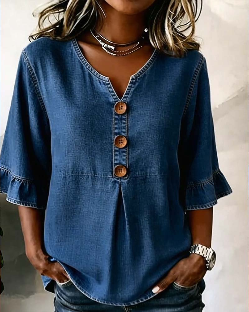 Bluse V-utringning Utsvinget Erm Denim