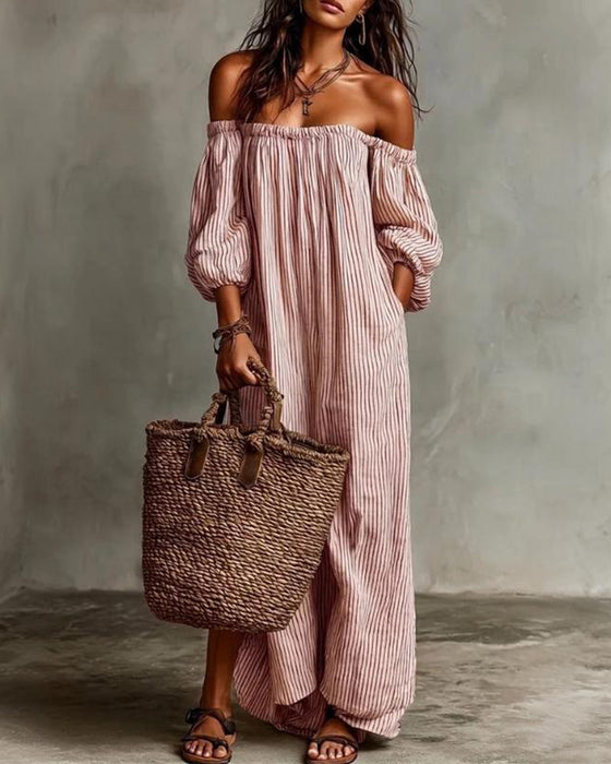 Kjole Løs Off-Shoulder Stripet