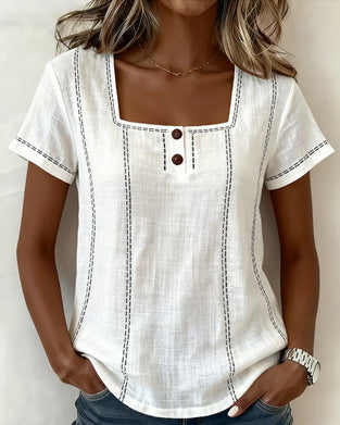 Bluse Liten Firkantet Hals Solid Knapp