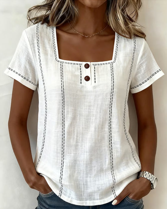 Bluse Liten Firkantet Hals Solid Knapp