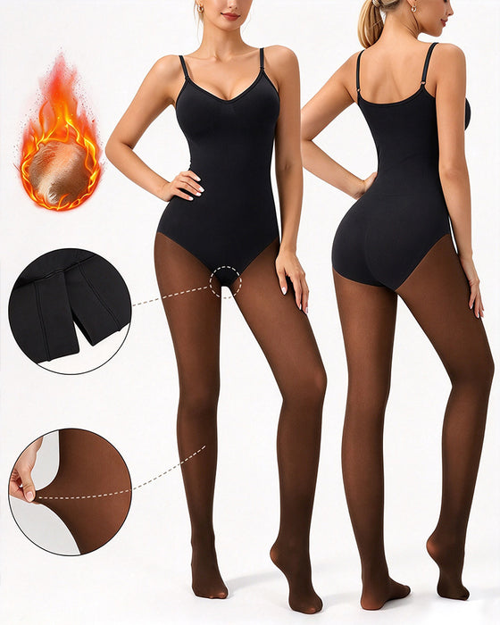 Gjennomsiktig Panel Med Fleeceforet Tights Stay-Warm Magekontroll Sheer Effekt Tights Bodysuit Svart Basic