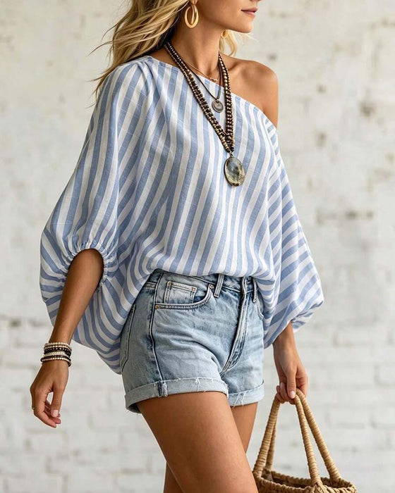 Bluse Asymmetrisk Hals Stripe Puffererme