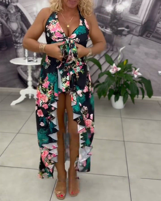 Badedrakt Sexig Trykket Solbeskyttende Tredelt