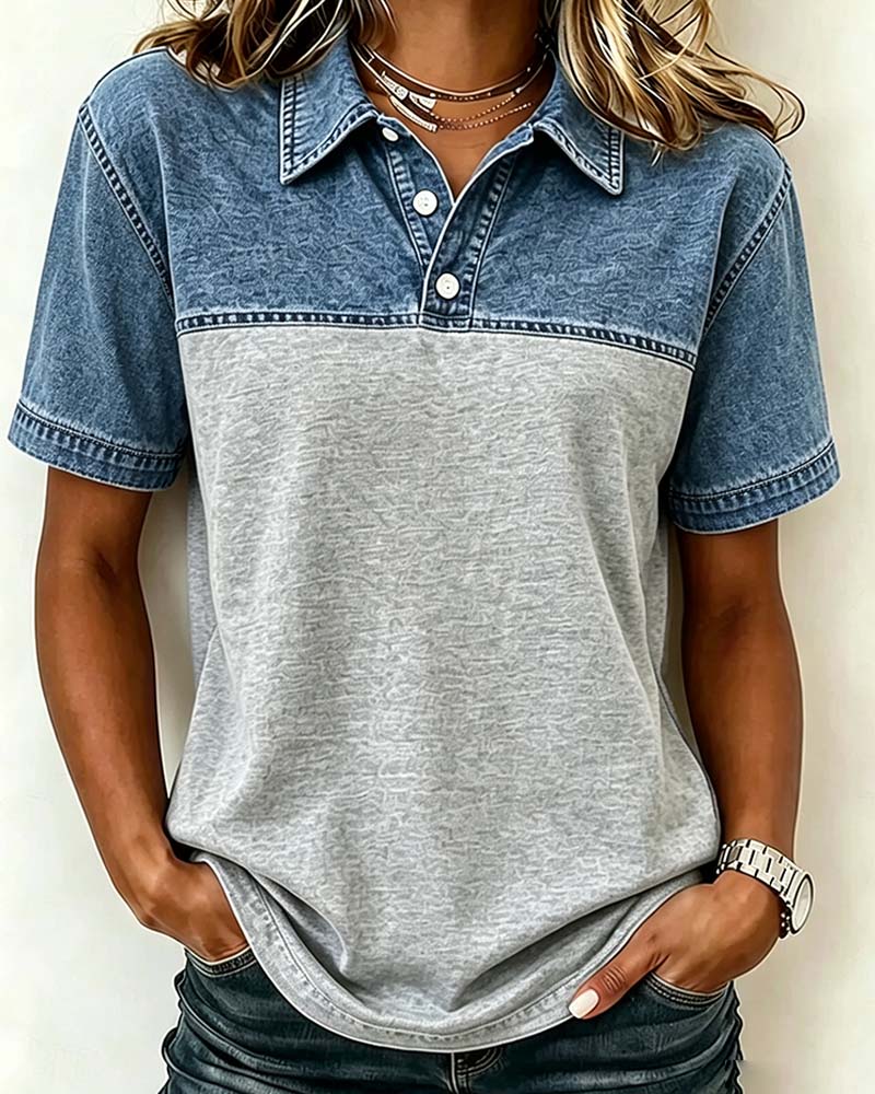 Bluse Kort Erme Skjorte Krage Denim Patchwork