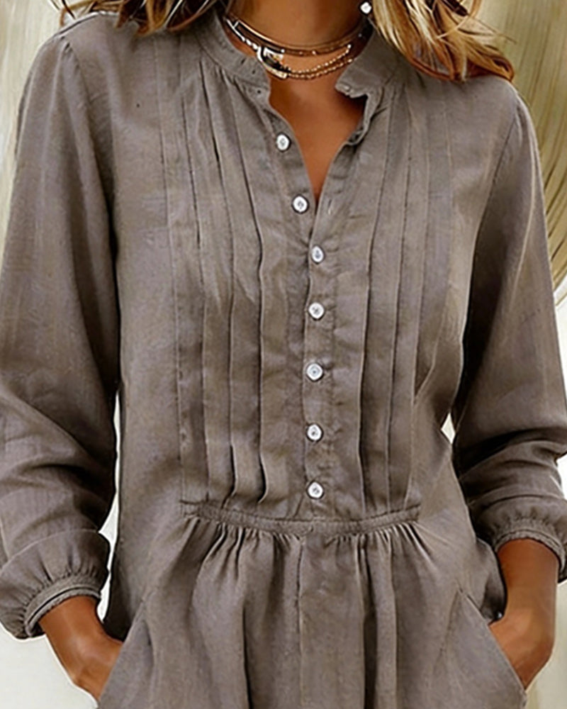 Kjole Ensfarget Puffermet Knapper Ned