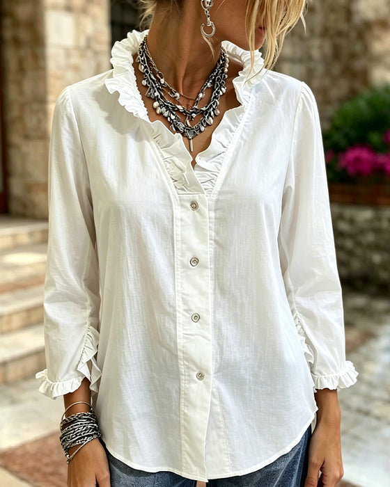 Bluse Ruffle Trim Knapp Solid Lang Erme