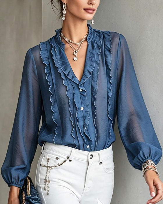 Bluse V-Hals Knapp Ruffle