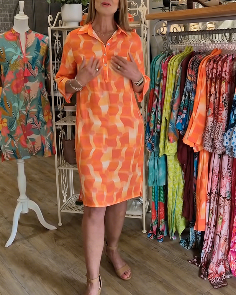 Kjole Trekvarts Erme Krage Geometrisk Trykk