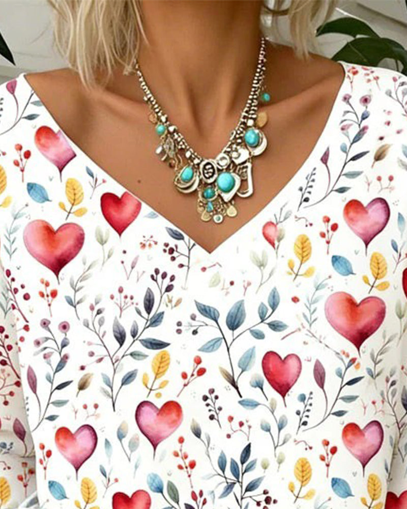 Topp Hjerte Plante Trykk V-Hals