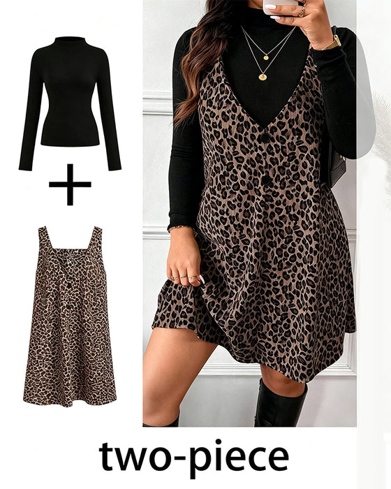Sett Turtleneck Slim Fit Leopardsmønstret Hageskjørtsett
