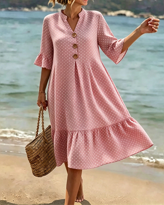 Kjole Polka Dot V-Hals Rynket Erme