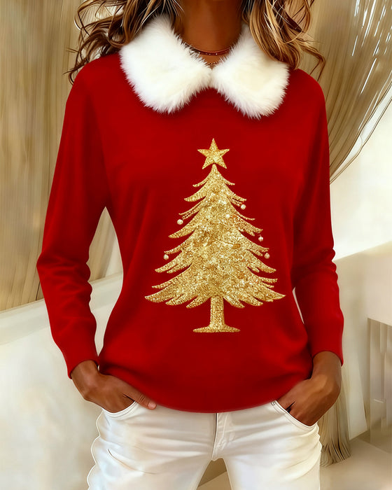 Trykket Langermet Topp Med Pelskrage