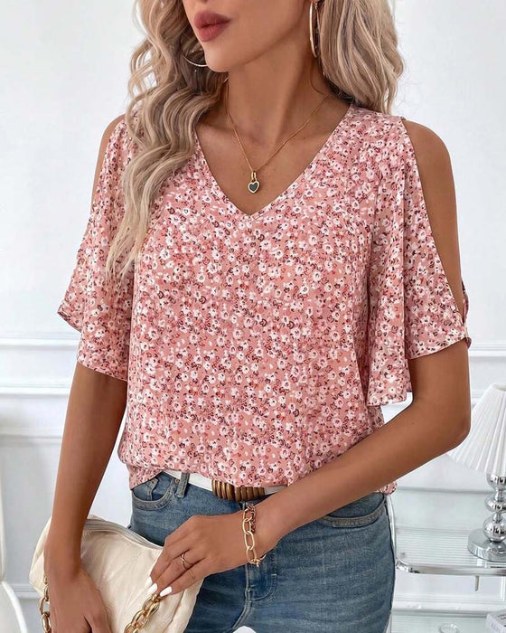 Bluse V-Hals Blomstrende Off-Shoulder Flutter Erme