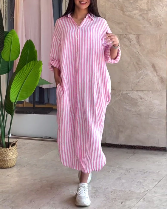 Kjole Løs Revers Stripet