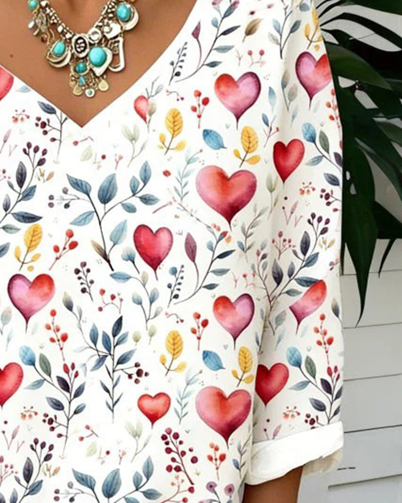 Topp Hjerte Plante Trykk V-Hals