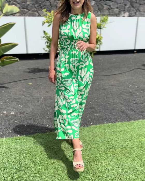 Kjole Ermløs Lang Midje Trykt