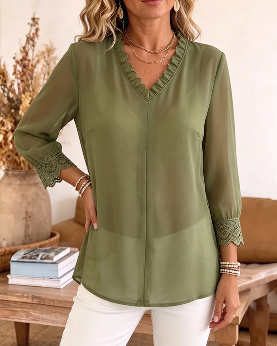 Bluse V-Hals Ruffle Blonder Patchwork