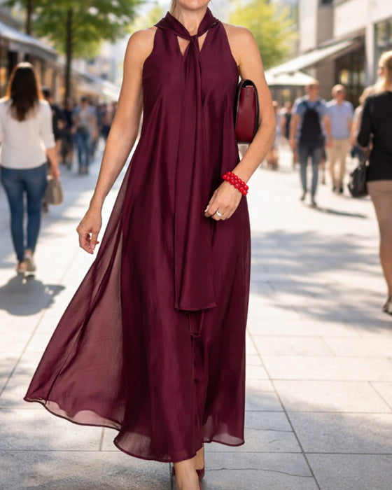 Kjole Halsringning Maxi Skjørt Solid Lett Chiffon