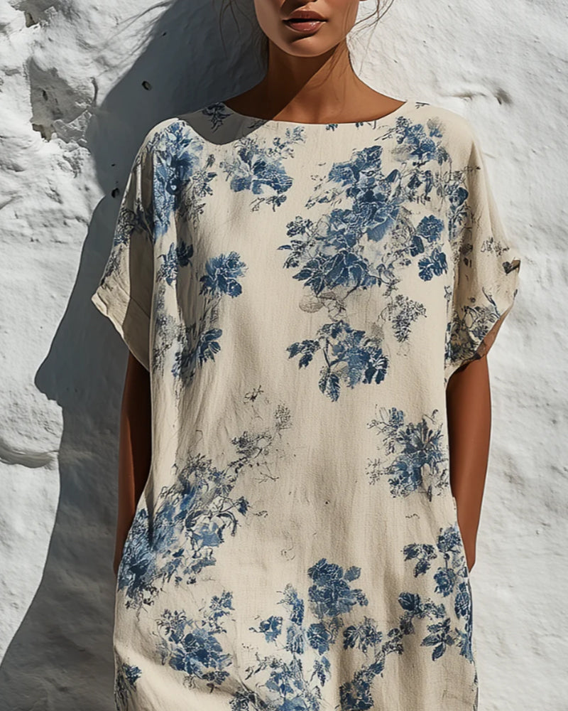 Kjole Rund Hals Vintage Blå Floral