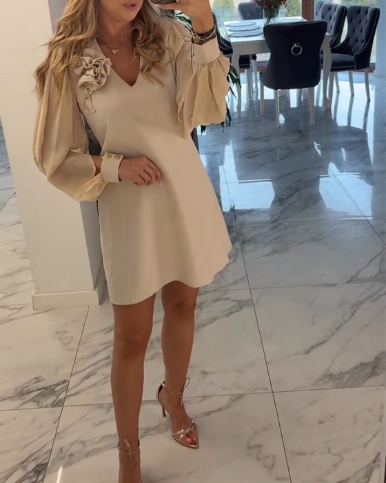 Kjole Tredimensjonal Blomst V-hals Lykt Erm